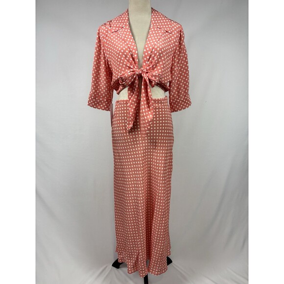 Ronny Kobo Carol Tie Front Pink White Polka Dot Size Medium Midi Dress - Picture 15 of 15